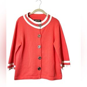 Bob Mackie Wearable Art Coral and White Women's Button up Cardigan Size M Mod